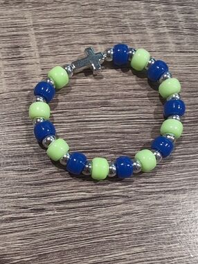 Kids Beaded Cross Bracelet - Lime Green & Royal Blue